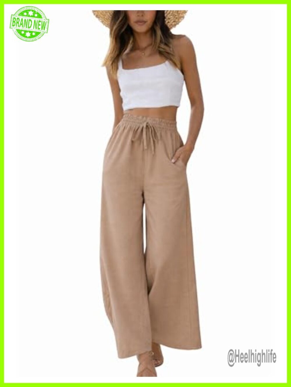 Linen Cotton Wide Leg Palazzo Pants High Waist Drawstring Trousers